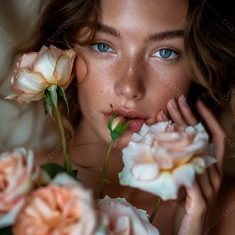 Uma mulher segurando e cheirando suavemente um buquê de rosas 11