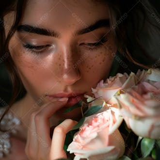 Uma mulher segurando e cheirando suavemente um buquê de rosas 12