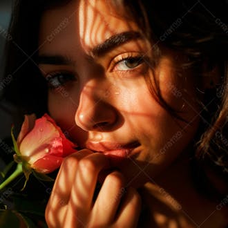 Uma mulher segurando e cheirando suavemente um buquê de rosas 13
