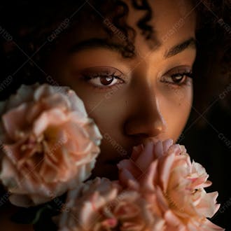 Uma mulher segurando e cheirando suavemente um buquê de rosas 14