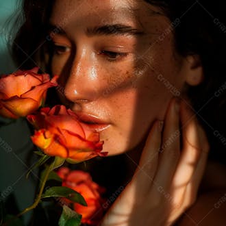 Uma mulher segurando e cheirando suavemente um buquê de rosas 15