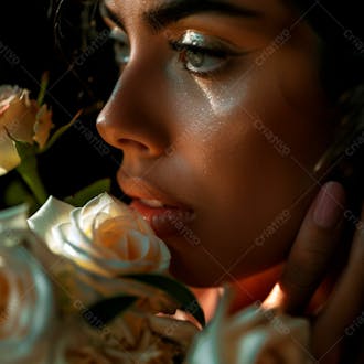 Uma mulher segurando e cheirando suavemente um buquê de rosas 16