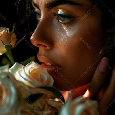 Uma Mulher Segurando E Cheirando Suavemente Um  Buquê De Rosas 16