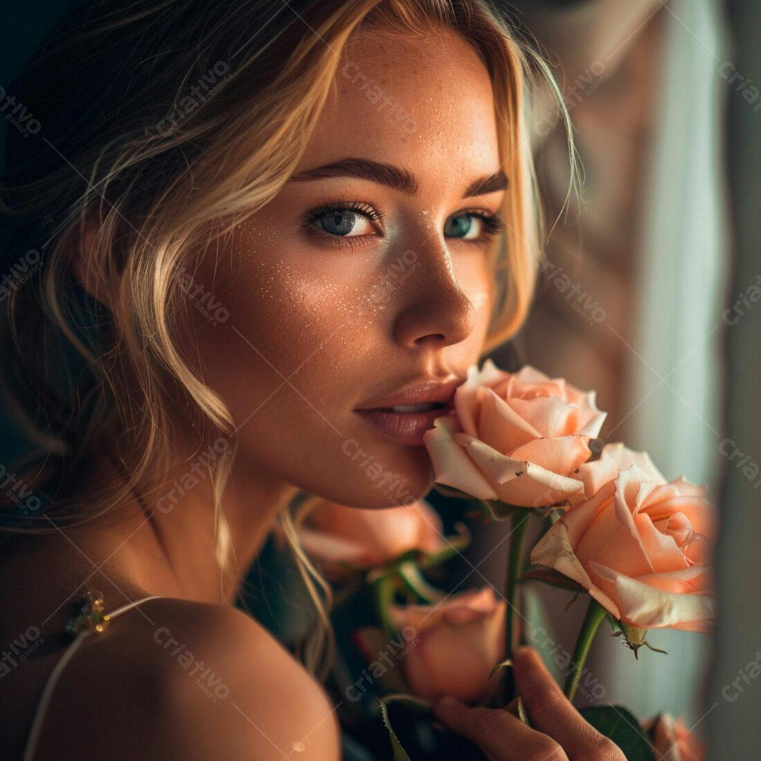 Modelo cheirando rosas cor de pêssego