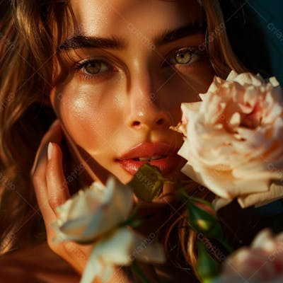 Uma Mulher Segurando E Cheirando Suavemente Um  Buquê De Rosas 18