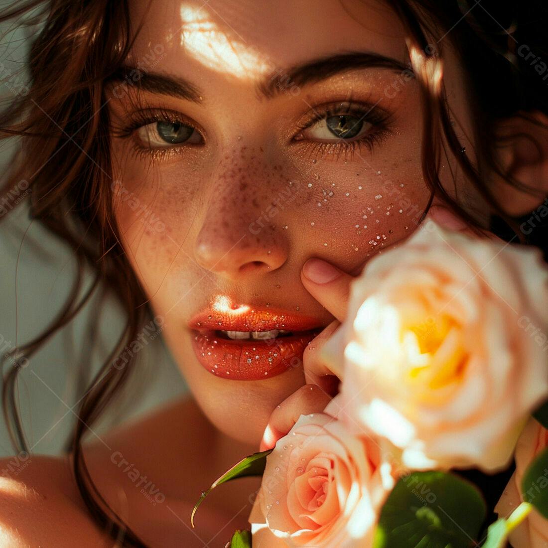 Mulher com sardas e rosas cor pêssego