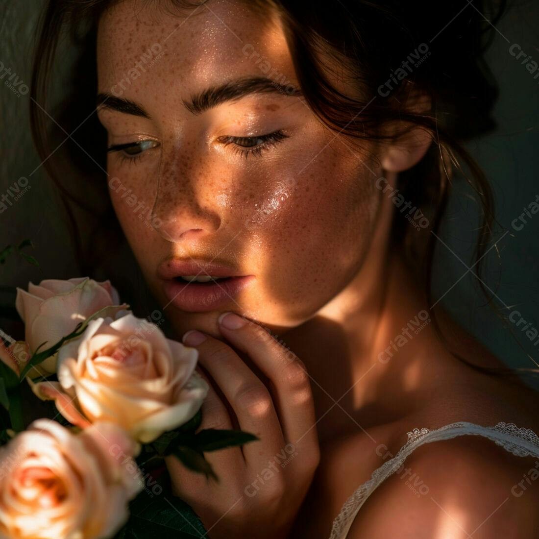 Mulher com sardas segurando rosas cor de pêssego