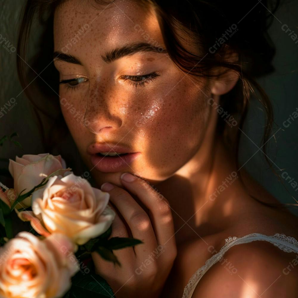 Uma Mulher Segurando E Cheirando Suavemente Um  Buquê De Rosas 20