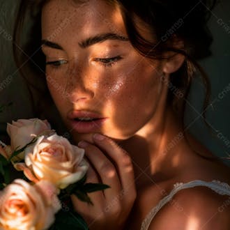 Uma mulher segurando e cheirando suavemente um buquê de rosas 20