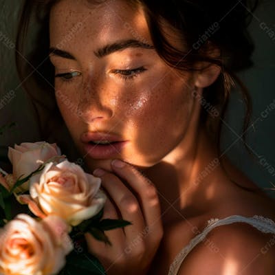 Uma Mulher Segurando E Cheirando Suavemente Um  Buquê De Rosas 20