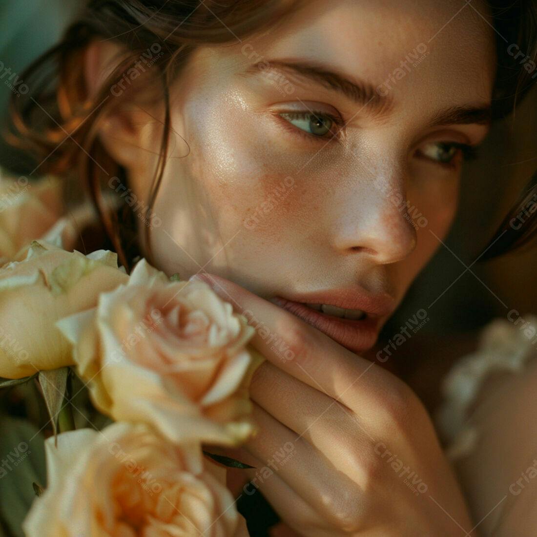 Mulher com rosas pêssego em close