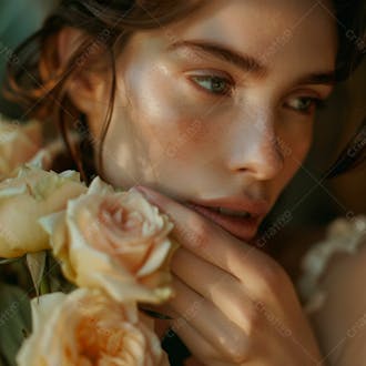 Uma mulher segurando e cheirando suavemente um buquê de rosas 21