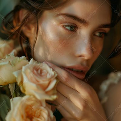 Uma Mulher Segurando E Cheirando Suavemente Um  Buquê De Rosas 21