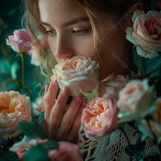 Uma mulher segurando e cheirando suavemente um buquê de rosas 22