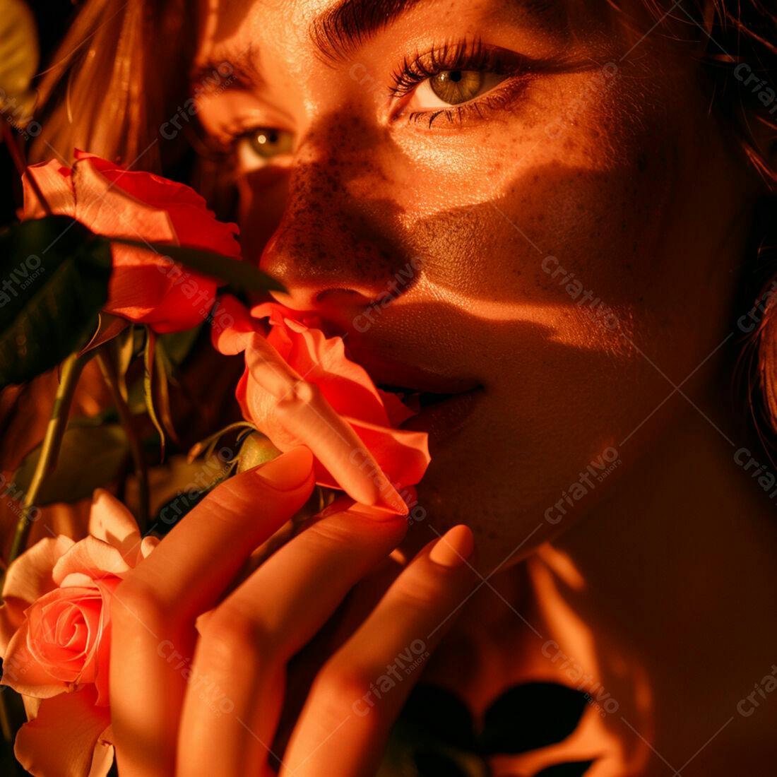 Mulher cheirando rosas ao entardecer