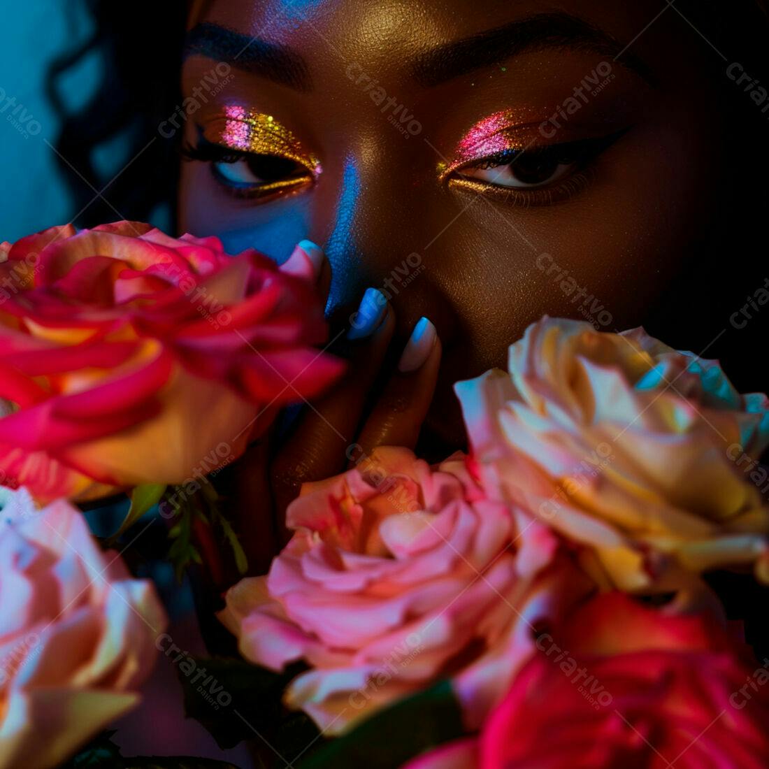 Mulher negra com maquiagem brilhante entre rosas vibrantes