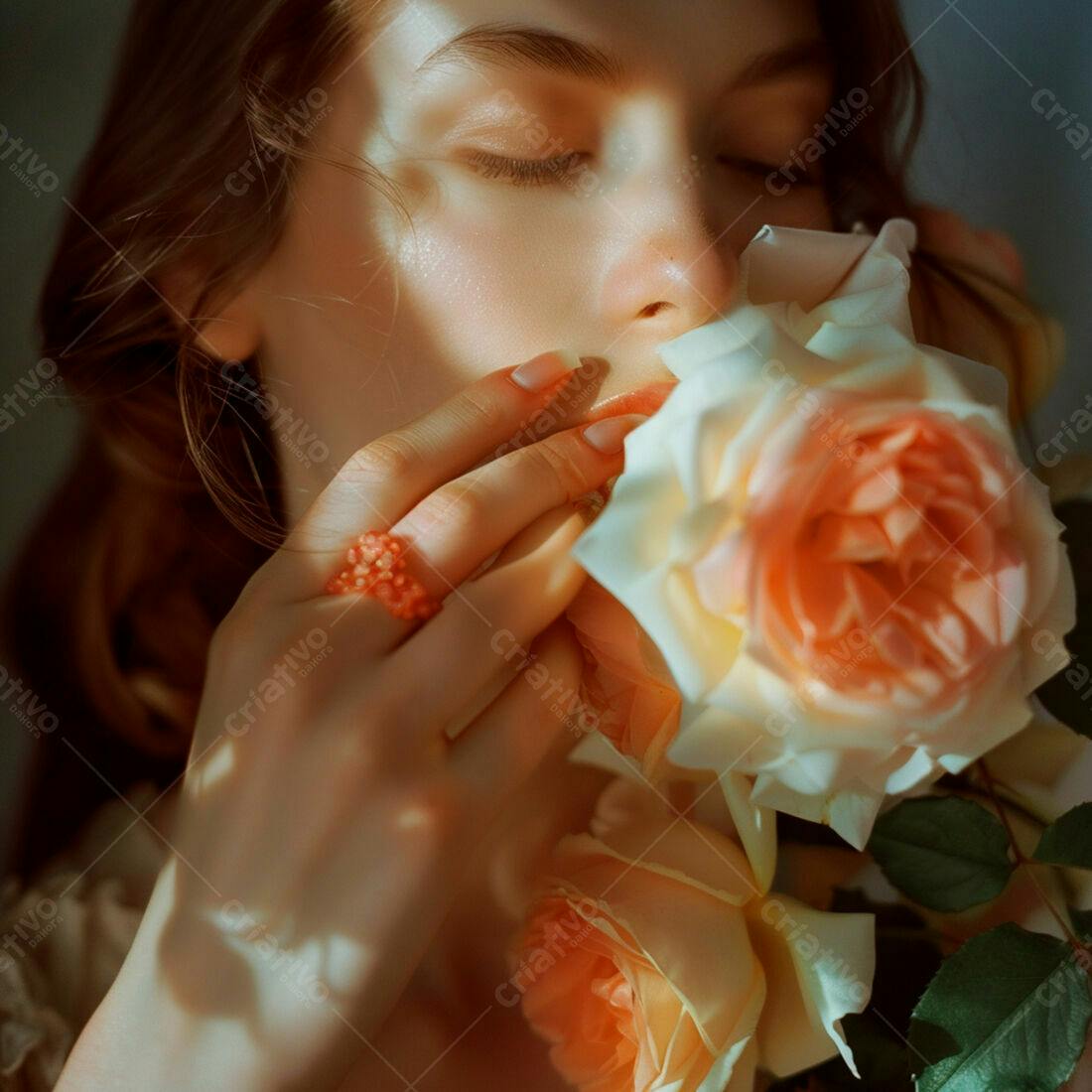 Mulher cheirando rosas pêssego e creme