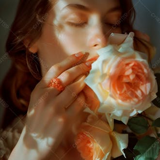 Uma mulher segurando e cheirando suavemente um buquê de rosas 25