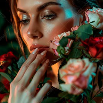 Uma mulher segurando e cheirando suavemente um buquê de rosas 1