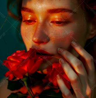 Uma mulher segurando e cheirando suavemente um buquê de rosas 26