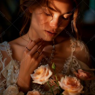Uma mulher segurando e cheirando suavemente um buquê de rosas 27
