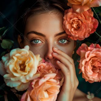 Uma mulher segurando e cheirando suavemente um buquê de rosas 28