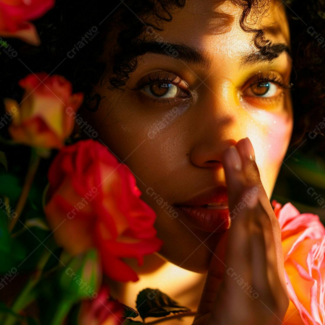 Mulher com rosas em close dourado