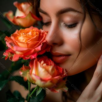 Uma mulher segurando e cheirando suavemente um buquê de rosas 30