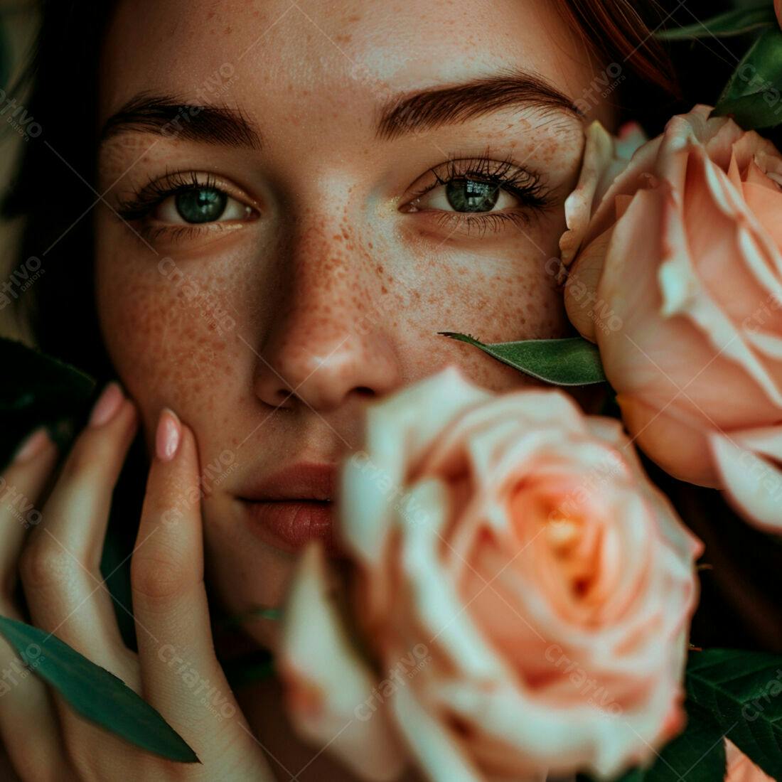 Rosto feminino com rosas cor de pêssego