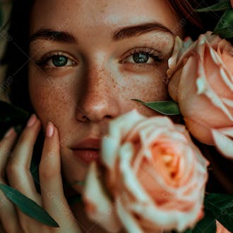 Uma mulher segurando e cheirando suavemente um buquê de rosas 31