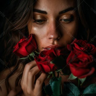 Uma mulher segurando e cheirando suavemente um buquê de rosas 32