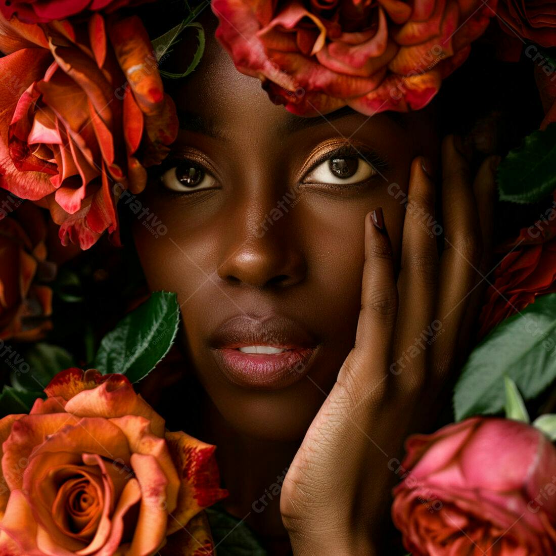 Retrato mulher negra cercada por rosas avermelhadas