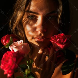 Uma mulher segurando e cheirando suavemente um buquê de rosas 34