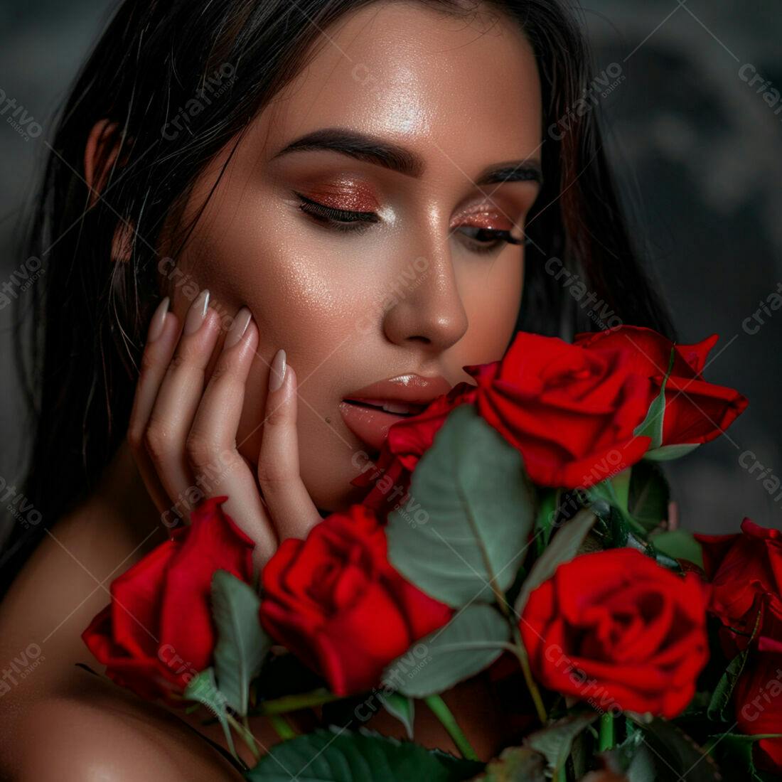 Mulher com rosas vermelhas românticas