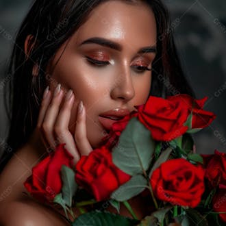 Uma mulher segurando e cheirando suavemente um buquê de rosas 35