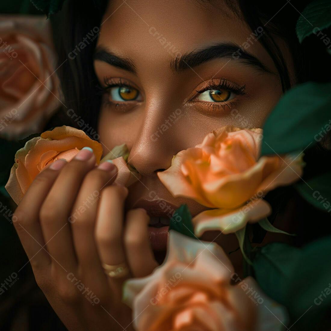 Mulher com rosas pêssego