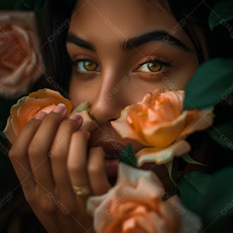 Uma mulher segurando e cheirando suavemente um buquê de rosas 36