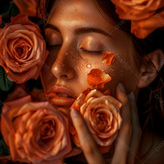 Uma mulher segurando e cheirando suavemente um buquê de rosas 37