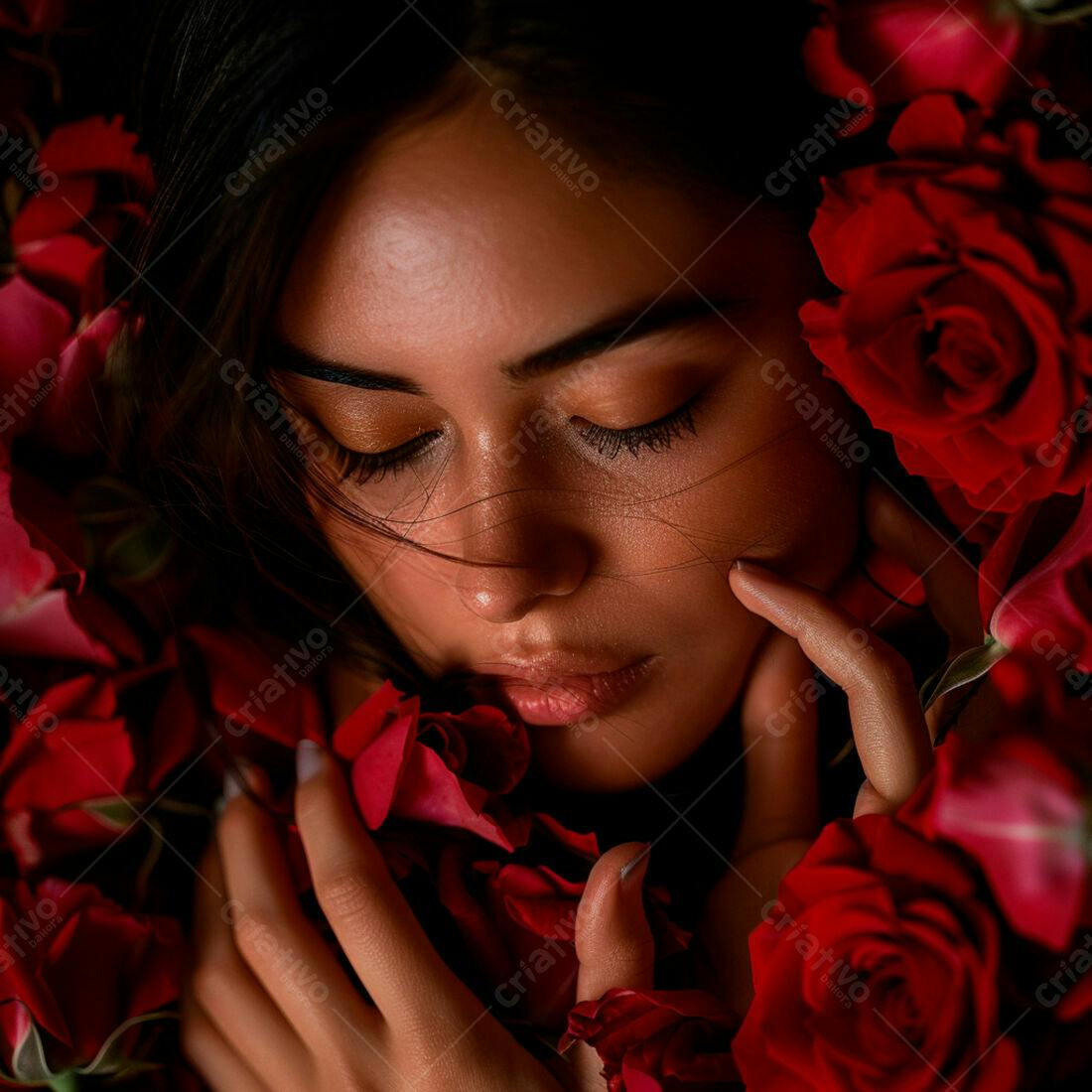 Mulher cercada por rosas vermelhas