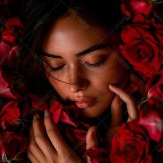 Uma mulher segurando e cheirando suavemente um buquê de rosas 38