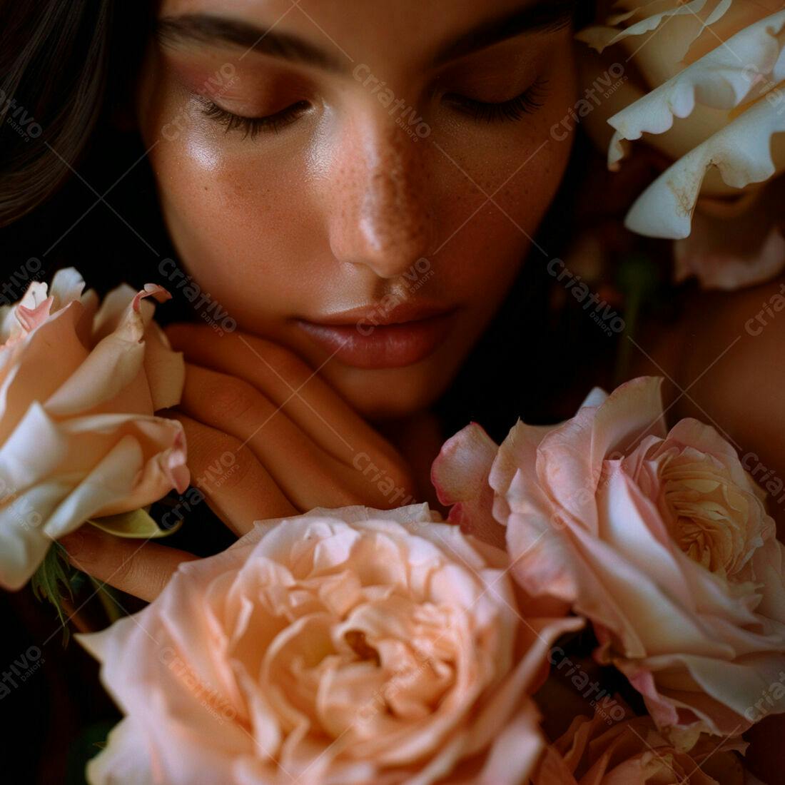 Mulher com sardas e rosas pêssego