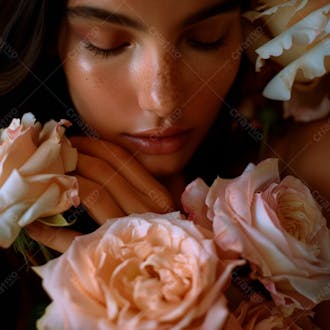 Uma mulher segurando e cheirando suavemente um buquê de rosas 39