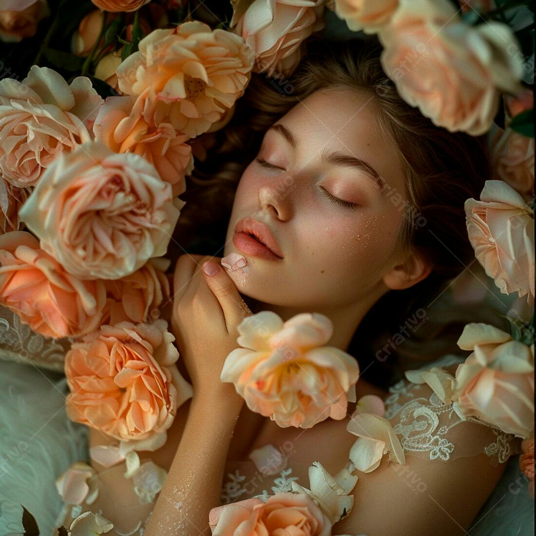 Mulher dormindo em flores pêssego