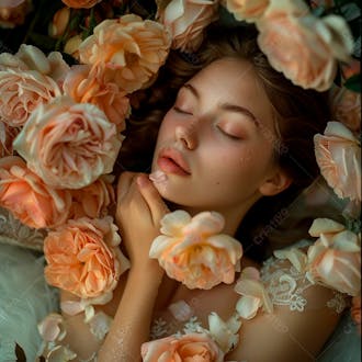 Uma mulher segurando e cheirando suavemente um buquê de rosas 40