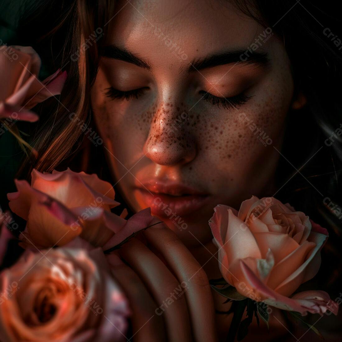Mulher com sardas e rosas alaranjadas
