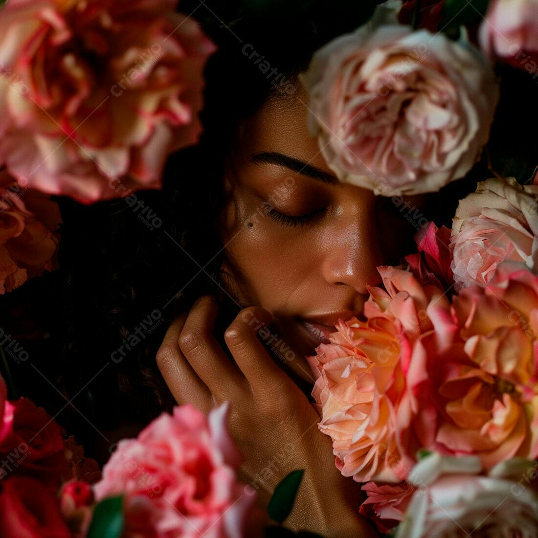 Mulher negra rodeada por rosas em tons rosa e laranja