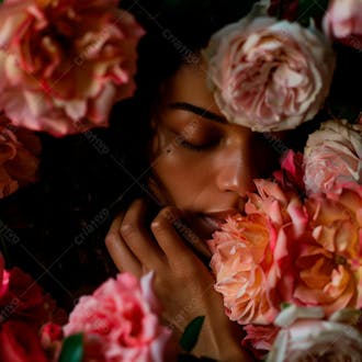 Uma mulher segurando e cheirando suavemente um buquê de rosas 42