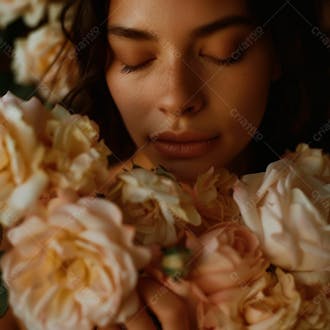 Uma mulher segurando e cheirando suavemente um buquê de rosas 43