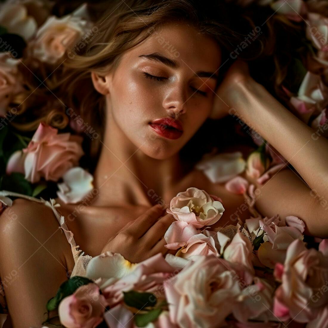 Modelo dormindo em pétalas de rosas