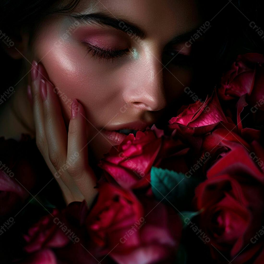 Mulher com rosas vermelhas e maquiagem rosa